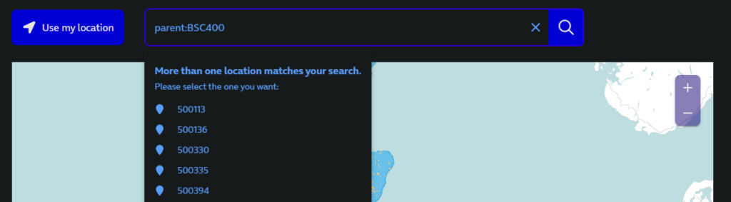 Search in O2's coverage checker for parent:BSC400. Several site IDs show in the list.