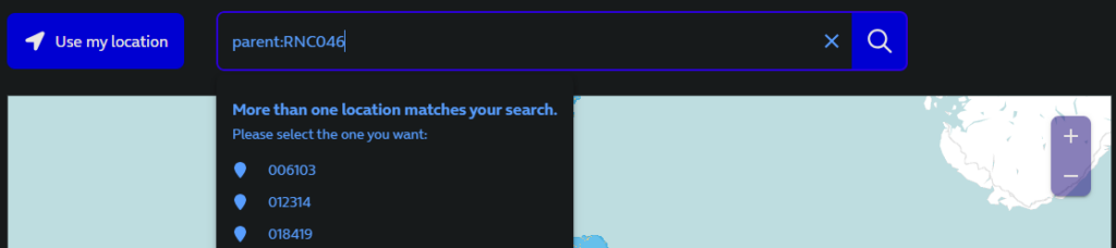 Search for parent:RNC046 in O2 coverage checker, several site IDs are displayed.