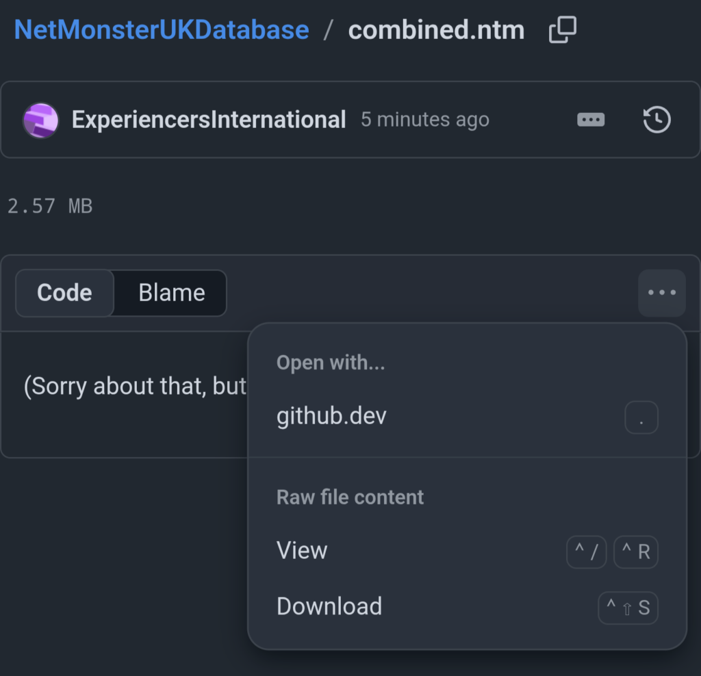 GitHub page for NetMonsterUKDatabase, a menu is shown with options to Download or View
