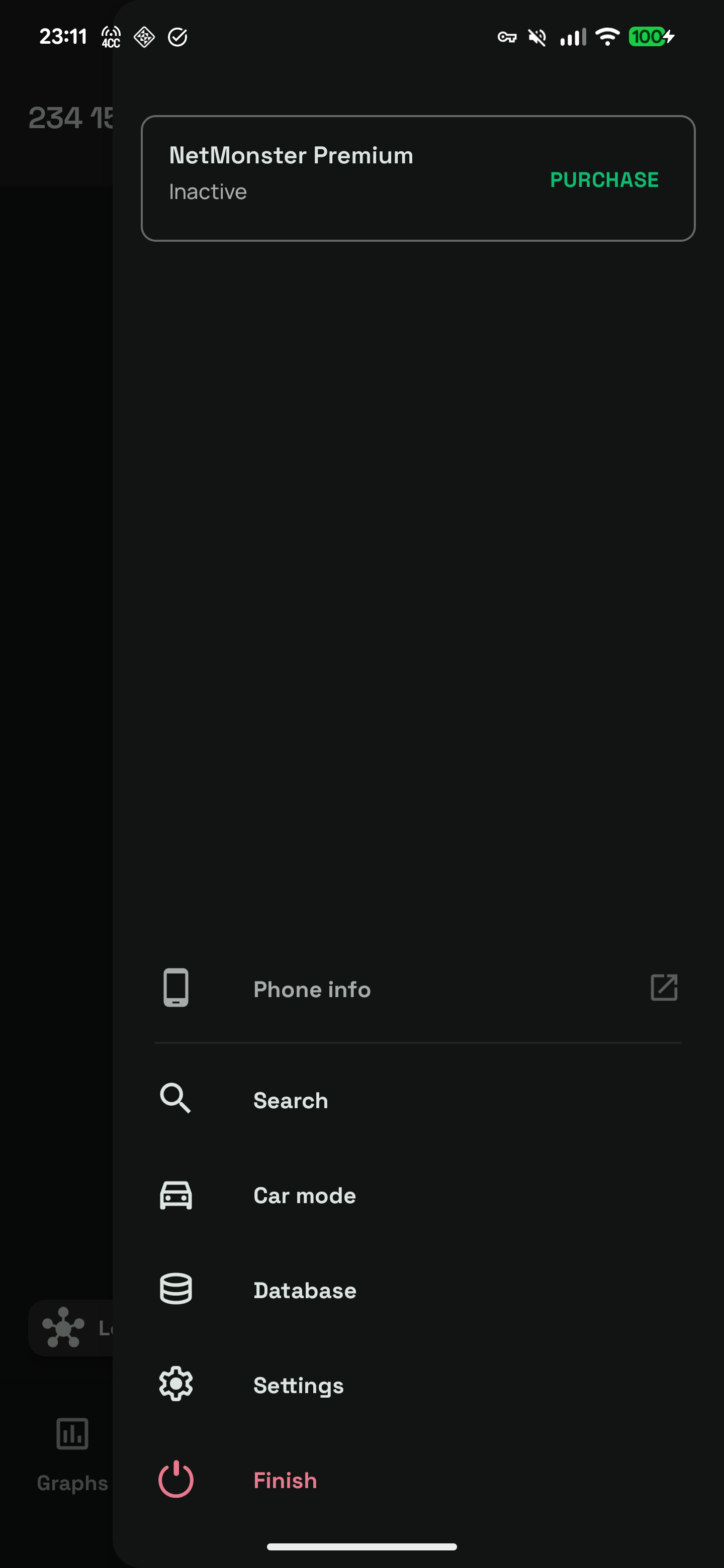 NetMonster app with a SIM connected to Vodafone UK and the menu open