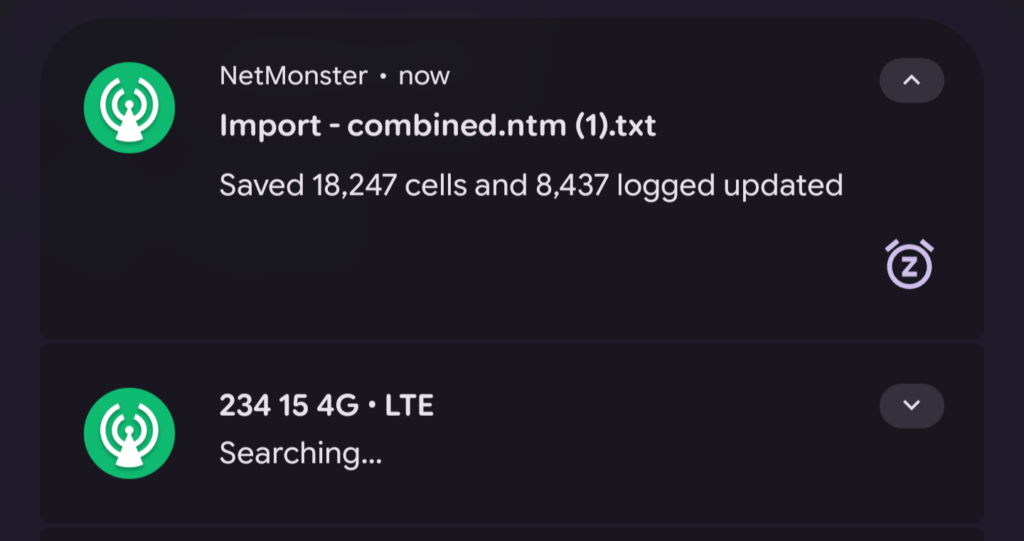 NetMonster notifications, one shows that 18247 cells were saved