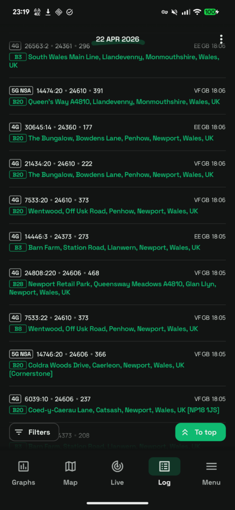 Log of cells a user has picked up in the Llandevenny and Newport areas
