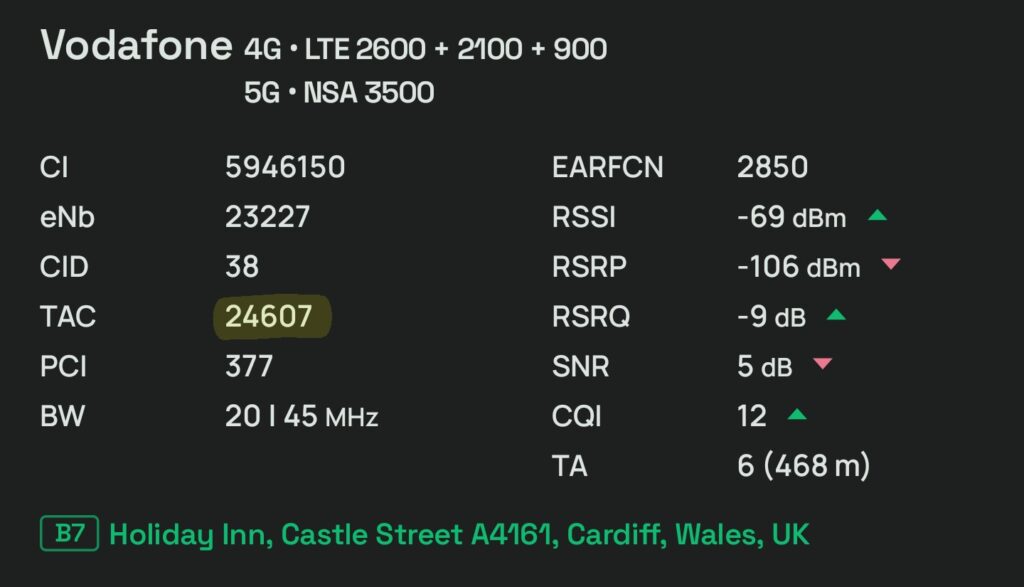 Screenshot from NetMonster connected to the Vodafone site in Holiday Inn Cardiff. The TAC of 24607 is highlighted to indicate that it is Vodafone.