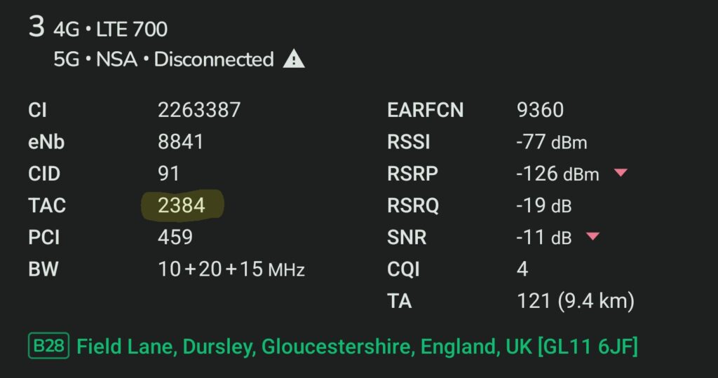 Screenshot from NetMonster connected to the Three site in Field Lane, Dursley, Gloucestershire. The TAC of 2384 is highlighted to indicate that it is Three.
