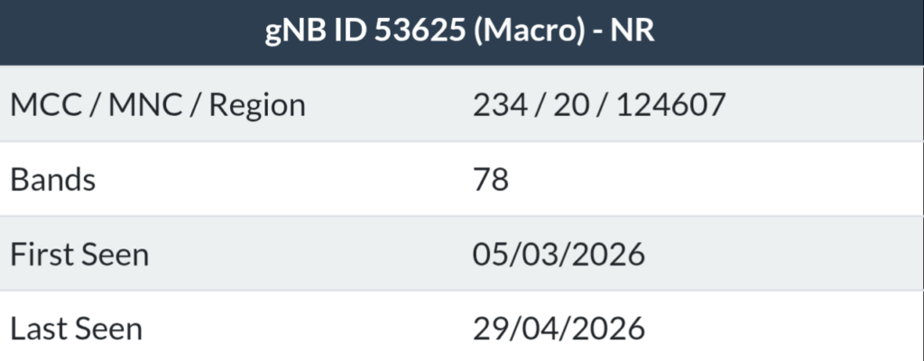 Information for gNB 53625 (which we know is Three because gNB over 50000). It has a 23420 PLMN (ignore the difference here to other screenshot) with 124607 as the region with bands n78.
