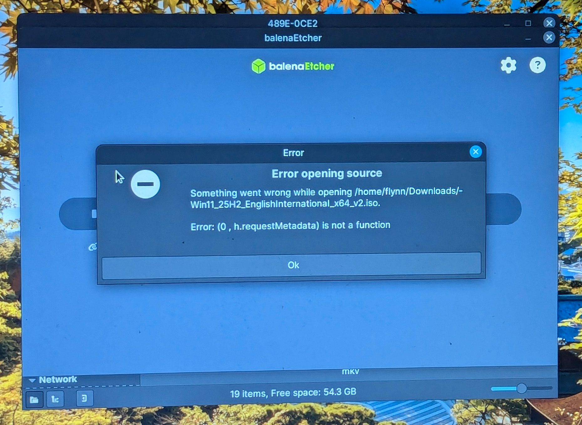 balenaEtcher error opening source, request metadata is not a function