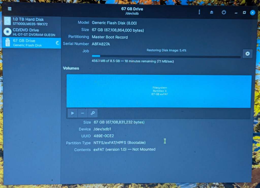 Linux Mint disks application writing to a 67GB USB drive