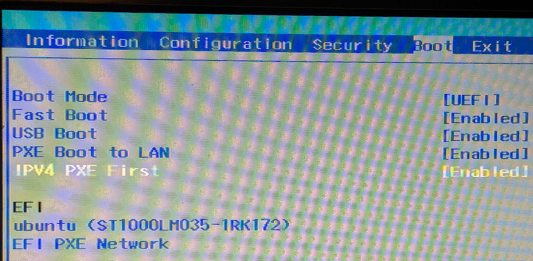 UEFI menu, USB boot is turned on and boot order options are Ubuntu and network boot