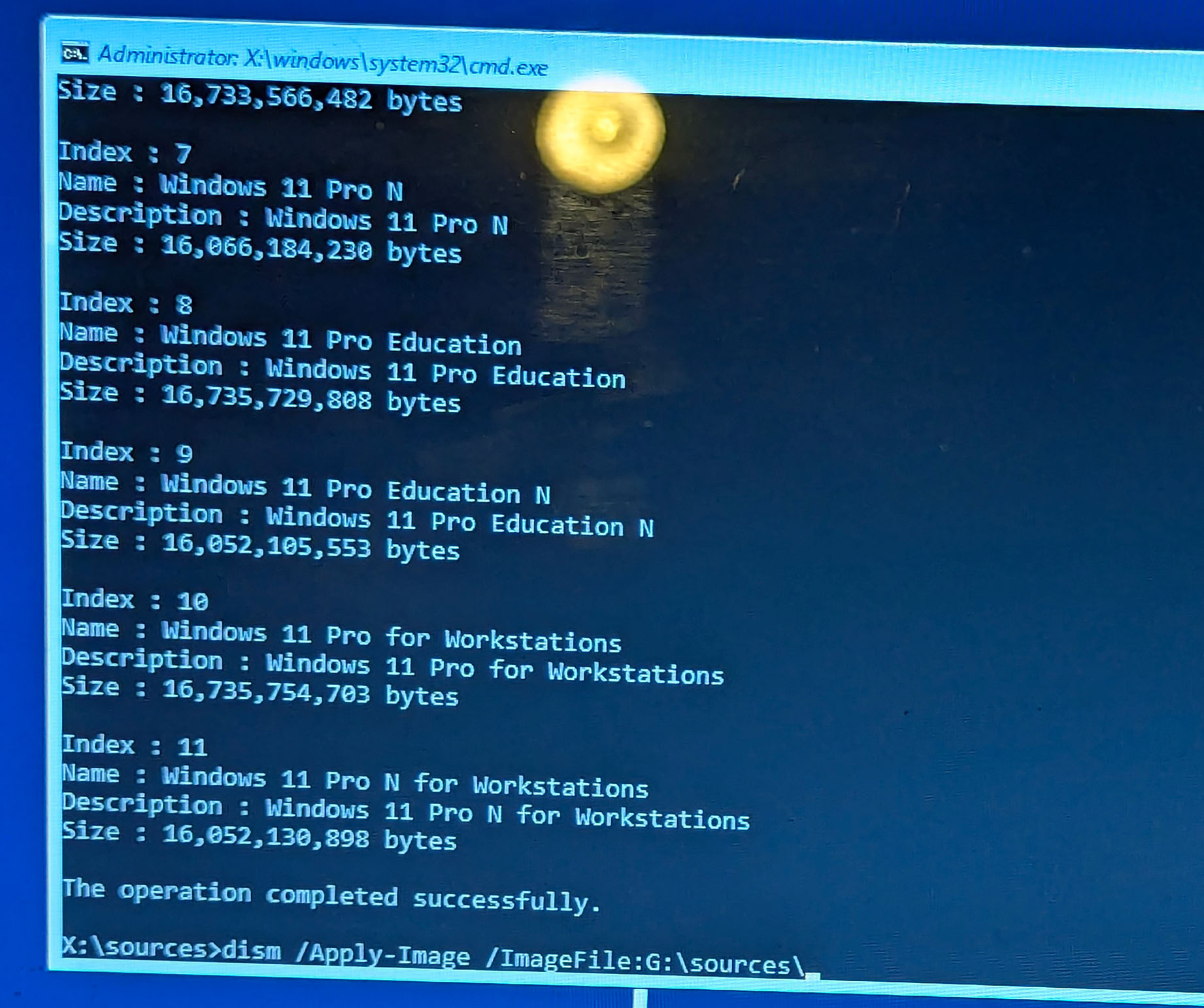 Windows PE command prompt listing all editions in a WIM image