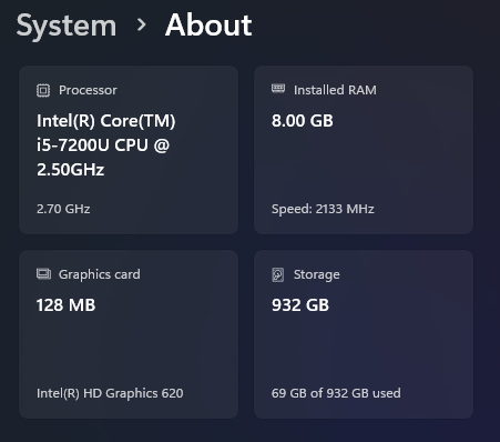 Windows 11 about system menu: processor i5-7200U, 8GB RAM, 128MB HD 620, 932GB drive