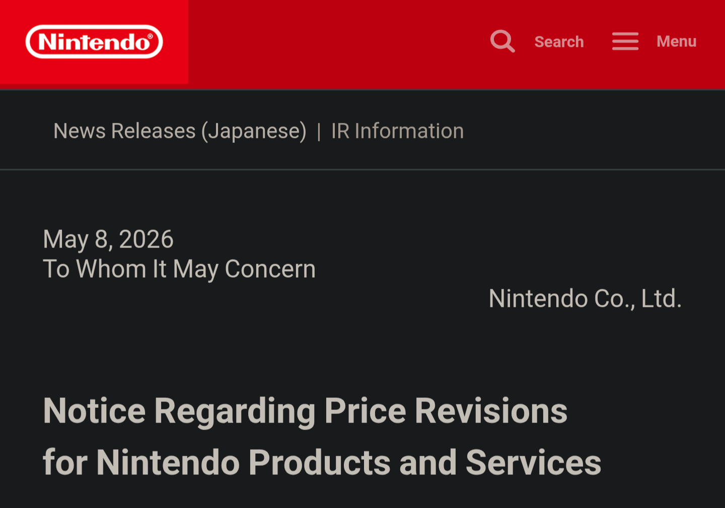 Page from Nintendo website dated May 8 2026: Notice regarding price increases for Nintendo products and services