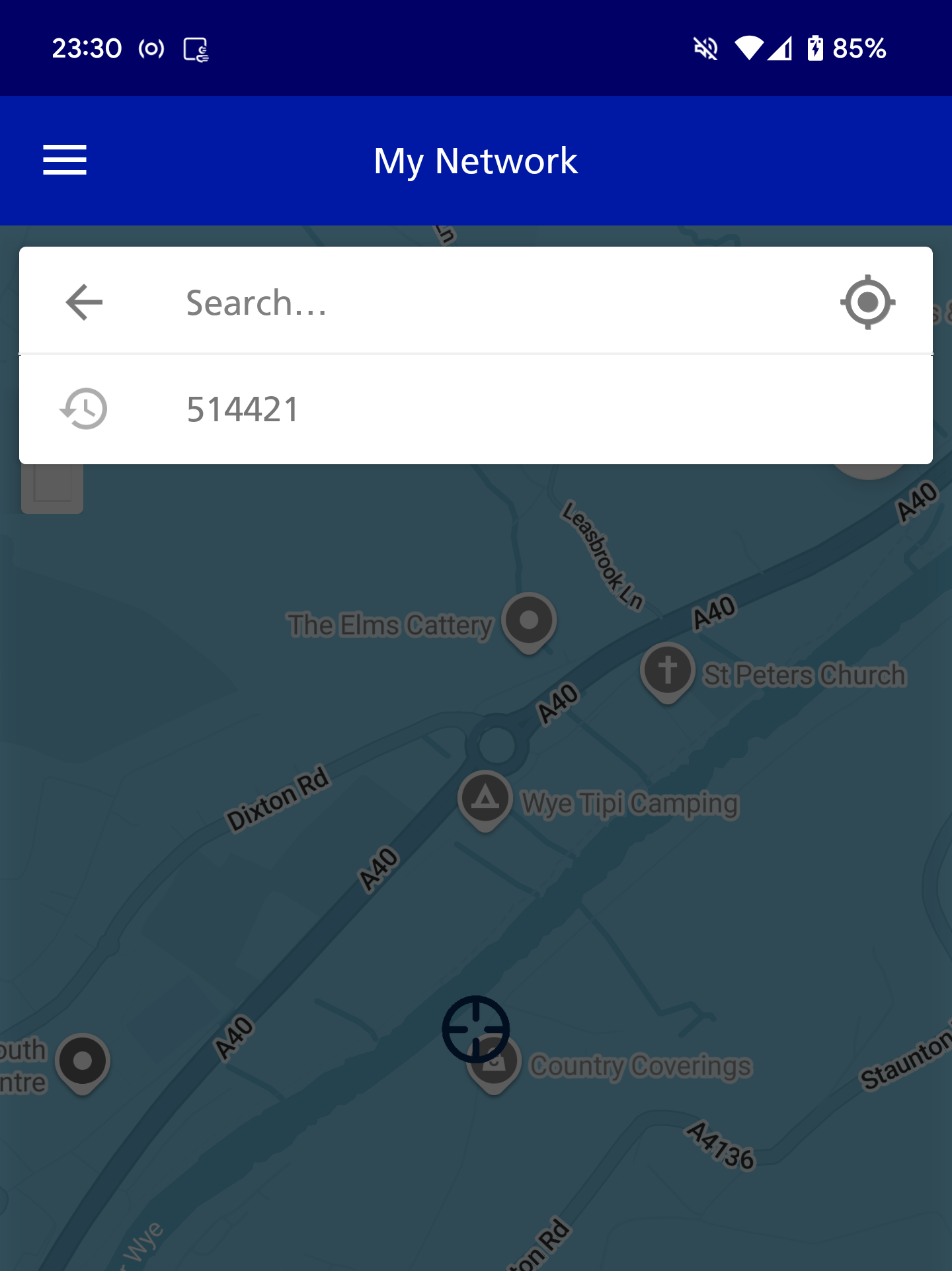 Shows a search box which had just searched 514421 in My Network and was positioned in an area by the A40 in Monmouth