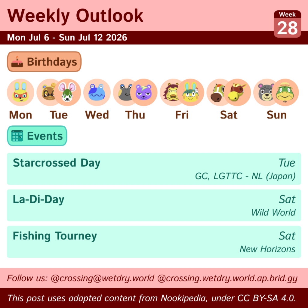 Weekly Outlook: Mon Jul 6 to Sun Jul 12 2026
Birthdays: Mon (Mira), Tue (Bree & Viche), Wed (Jeremiah), Thu (Huck & Static), Fri (Mott & Toby), Sat (Victoria & Filly), Sun (Olive & Kapp'n)
Events: Starcrossed Day (Tuesday in GameCube titles, Let's Go To The City - New Leaf in Japan), La-Di-Day (Saturday in Wild World) & Fishing Tourney (Saturday in New Horizons)
This post uses content from Nookipedia, which is licensed under https://creativecommons.org/licenses/by-sa/4.0/.