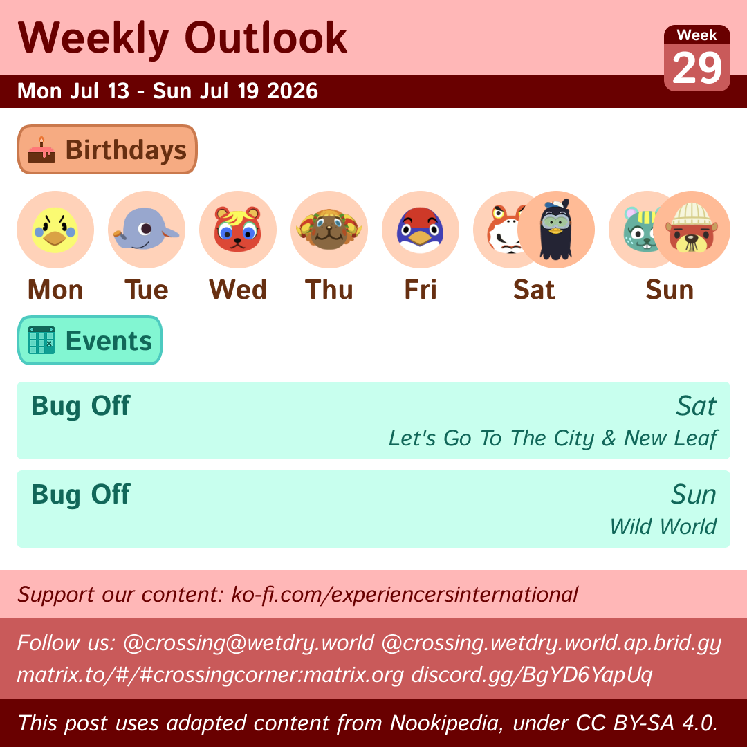 Weekly Outlook: Mon Jul 13 to Sun Jul 19 2026
Birthdays: Mon (Twiggy), Tue (Dizzy), Wed (Caroline), Thu (Frita), Fri (Jay), Sat (Croque & Beppe), Sun (Nibbles & Pascal)
Events: Bug Off (Saturday in Let's Go To The City & New Leaf, Sunday in Wild World)
This post uses content from Nookipedia, which is licensed under https://creativecommons.org/licenses/by-sa/4.0/.
