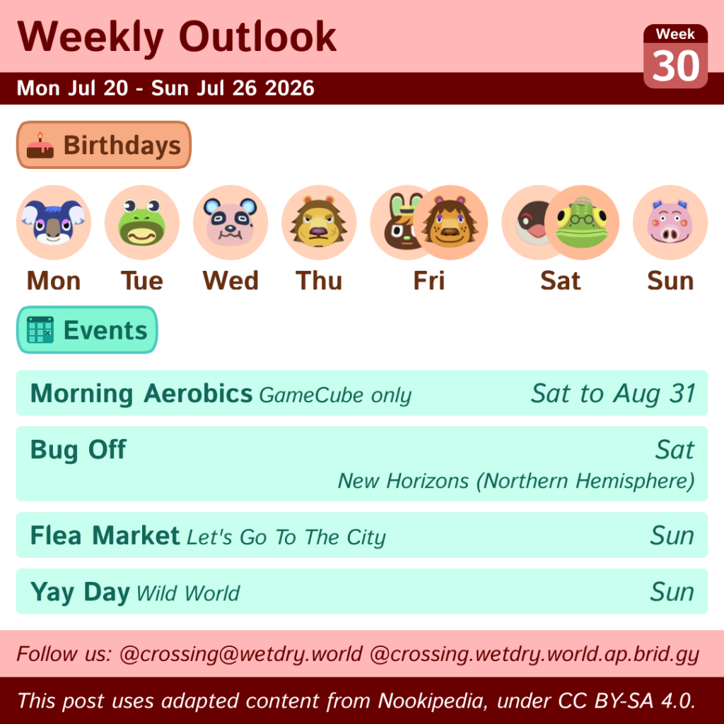 Weekly Outlook: Mon Jul 20 to Sun Jul 26 2026
Birthdays: Mon (Yuka), Tue (Prince), Wed (Chow), Thu (Elvis), Fri (O-Hare & Rex), Sat (Peck & Nat), Sun (Curly)
Events: Morning Aerobics (Saturday to August 31st), Bug Off (Saturday for New Horizons Northern Hemisphere), Flea Market (Sunday for Let's Go To The City), Yay Day (Sunday)
This post uses content from Nookipedia, which is licensed under https://creativecommons.org/licenses/by-sa/4.0/.