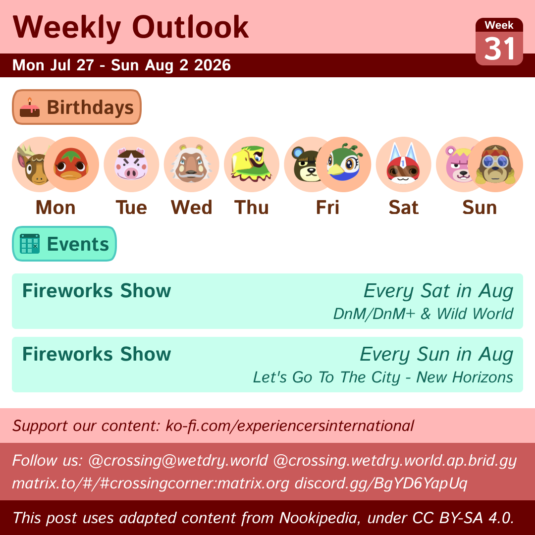 Weekly Outlook: Mon Jul 27 to Sun Aug 2 2026
Birthdays: Mon (Erik & Ketchup), Tue (Truffles), Wed (Lionel), Thu (Frank), Fri (Grizzly & Julia), Sat (Kid Cat), Sun (Vladimir & Harvey)
Events: Fireworks Show (Every Saturday in August for Doubutsu no Mori(+) & Wild World, Every Sunday in August for Let's Go To The City to New Horizons)
This post uses content from Nookipedia, which is licensed under https://creativecommons.org/licenses/by-sa/4.0/.