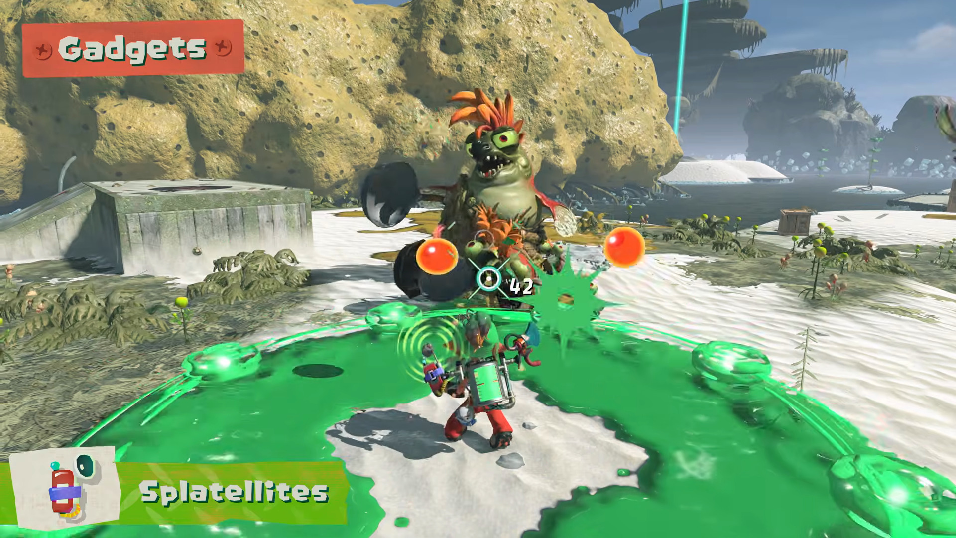 Splatellites orbitting around player and coming into contact with a Salmonoid