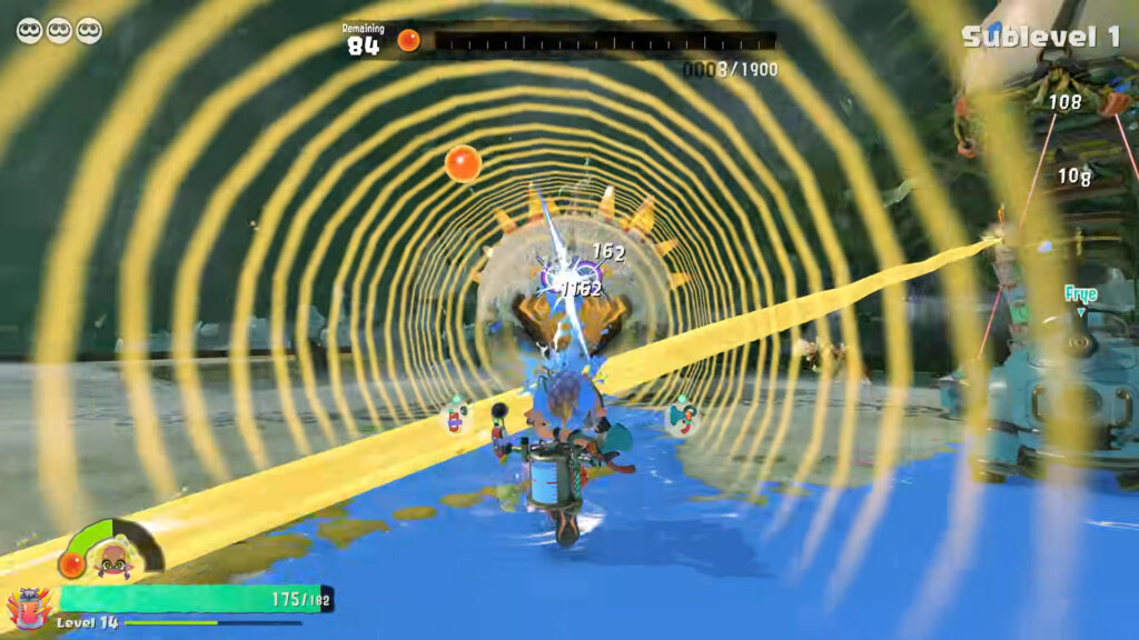 Splatoon Raiders battle, 84 seconds remaining with a Power Egg counter visible