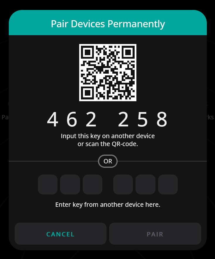 PairDrop pair devices permanently prompt with a QR code/numerical code to input into another device