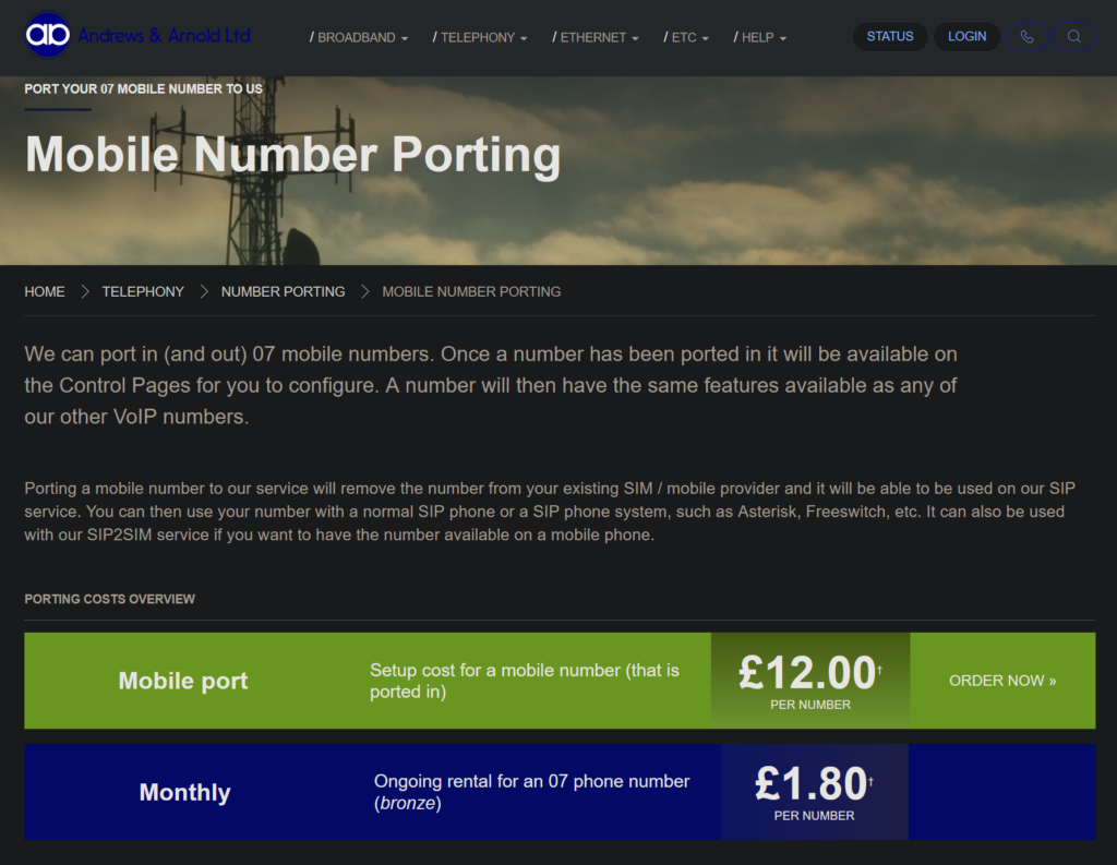 Page by A&A for porting in mobile numbers, with a setup cost of £12 for a number and £1.80 base fee monthly