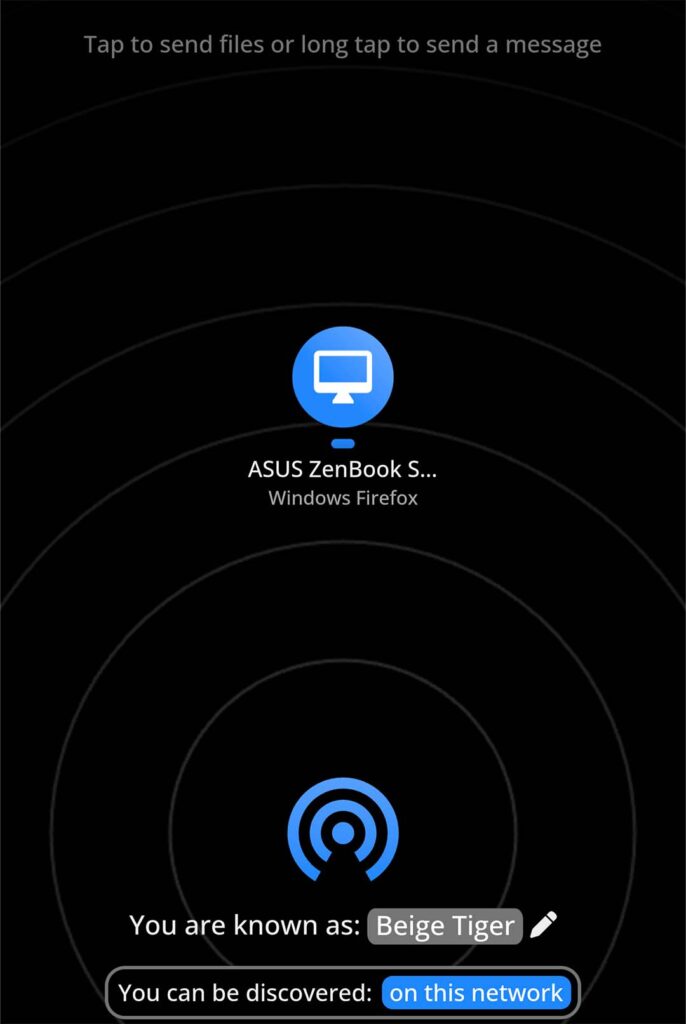 PairDrop menu on mobile with a Windows Firefox computer detected