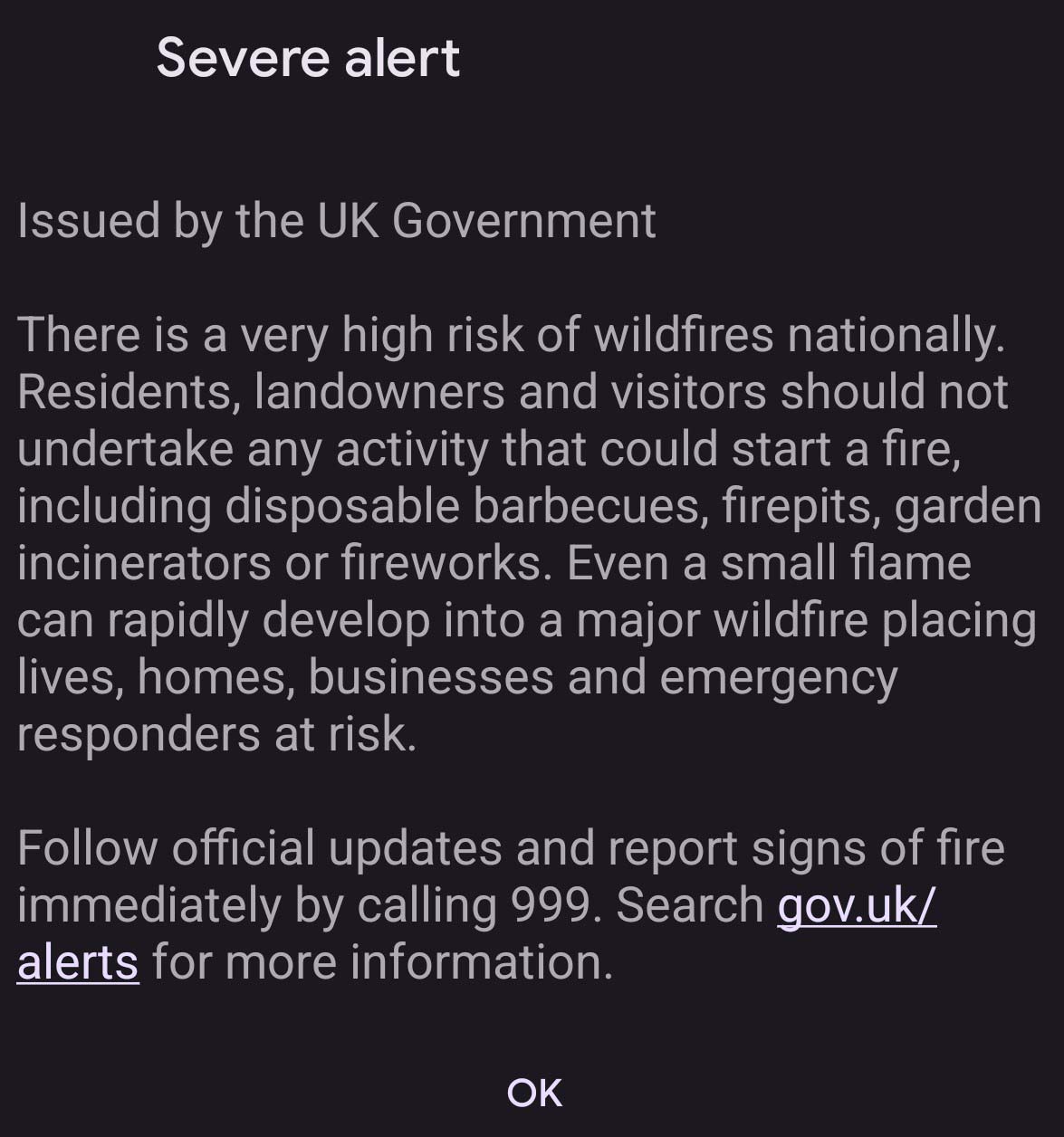 Severe alert from the UK government regarding wildfires