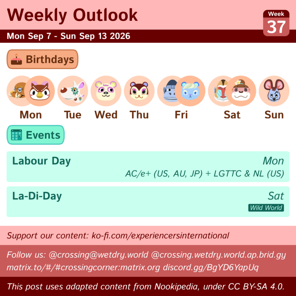 Weekly Outlook: Mon Sep 7 to Sun Sep 13 2026
Birthdays: Mon (Tucker & Celeste), Tue (Astrid), Wed (Pinky), Thu (Pecan), Fri (Peewee & Ione), Sat (Boone & Lottie), Sun (Moose)
Events: Labour Day (Mon, US/AU/JP in AC/e+ & US in LGTTC/NL), La-Di-Day (Sat in Wild World)
This post uses content from Nookipedia, which is licensed under https://creativecommons.org/licenses/by-sa/4.0/.