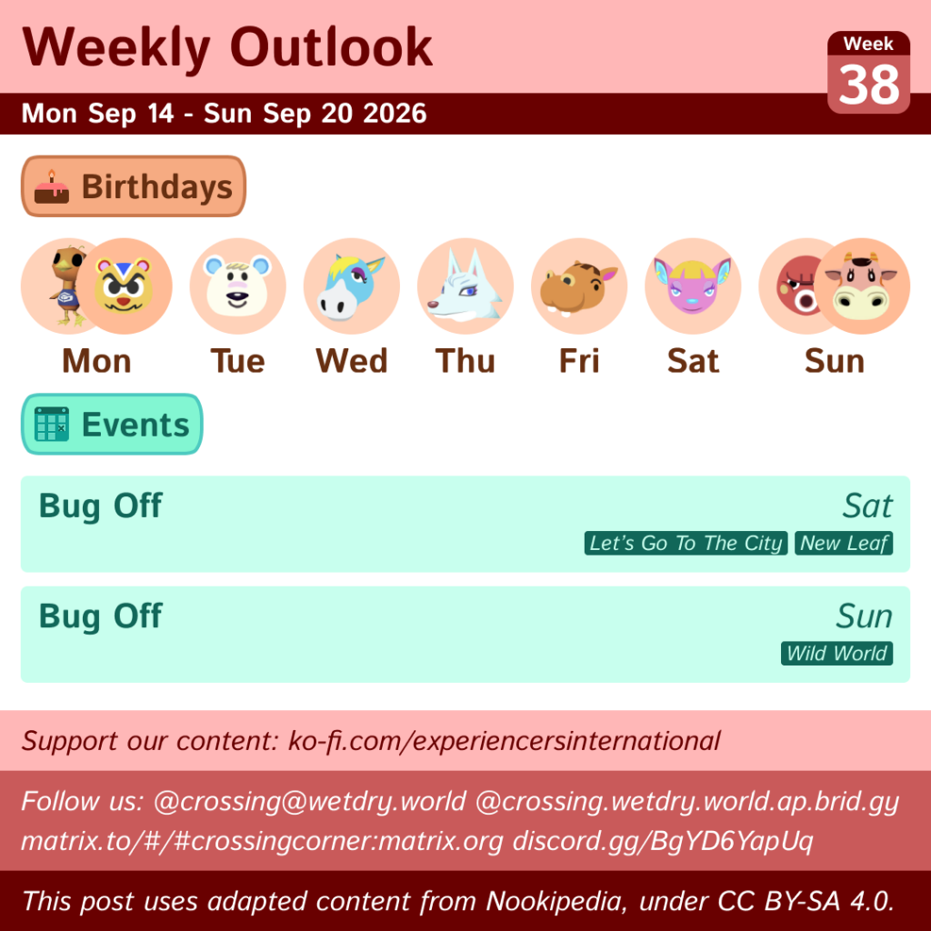 Weekly Outlook: Mon Sep 14 to Sun Sep 20 2026
Birthdays: Mon (Nindori & Ricky), Tue (Tutu), Wed (Ed), Thu (Whitney), Fri (Bubbles), Sat (Fuchsia), Sun (Octavian & Norma)
Events: Bug Off (Sat in LGTTC/NL & Sun in WW)
This post uses content from Nookipedia, which is licensed under https://creativecommons.org/licenses/by-sa/4.0/.