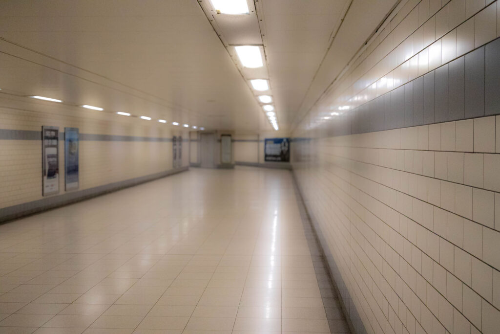 Corridor in a railway station with a narrow depth of field